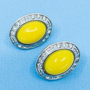 Yellow and Rhinestone Oval Clip Earrings
